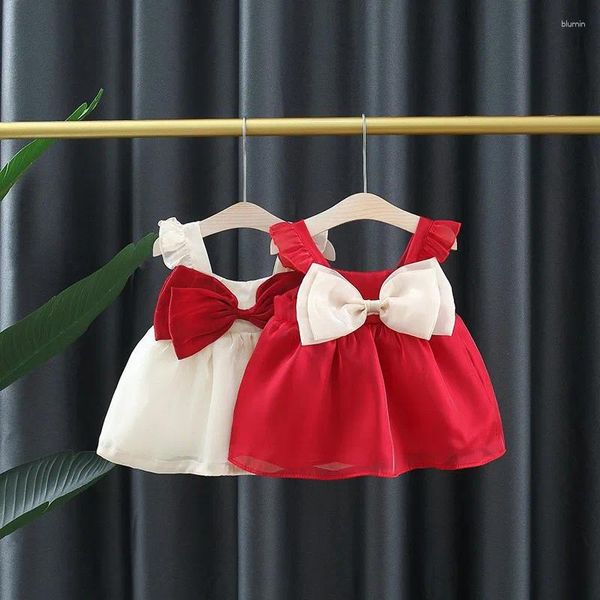 Mädchen Kleider Kleidung Mädchen 0-3 Jahre Sommer Polyester Kleid Prinzessin 73-100 Kinder Kinder Kleidung Baby Feste Schleife Weiß Rot Mode