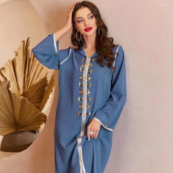 Abbigliamento etnico Blu cucito a mano Diamante impiombato Nastro d'argento Abito con cappuccio Abito islamico Abaya Abbigliamento Abiti Femenino Dubai Lusso 2024