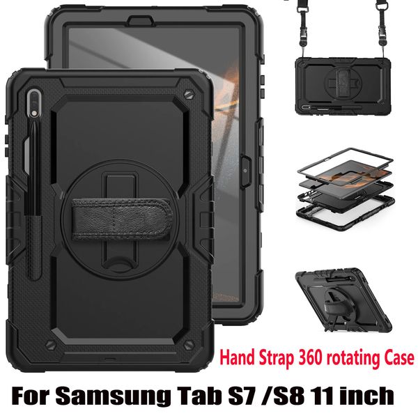 Para Samsung Galaxy Tab S7 S8 11 polegadas Estojo Alça de mão 360 Rotação Kickstand Híbrido Silicone Robusto à prova de choque Capa para tablet segura para crianças com suporte para caneta S + alça de ombro