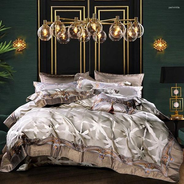 Conjuntos de cama prata cinza luxo 4/6/9 pçs conjunto cetim sedoso brocado algodão egípcio e bordado capa edredão fronhas