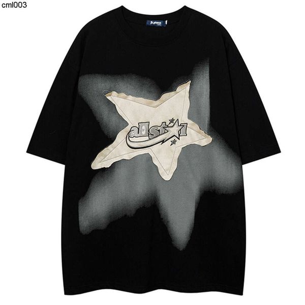 Летняя китайская шикарная пятизвездочная нашивка с вышивкой и коротким рукавом, мужская свободная футболка в стиле хип-хоп, полуПовседневная футболка с круглым вырезом 7gpe