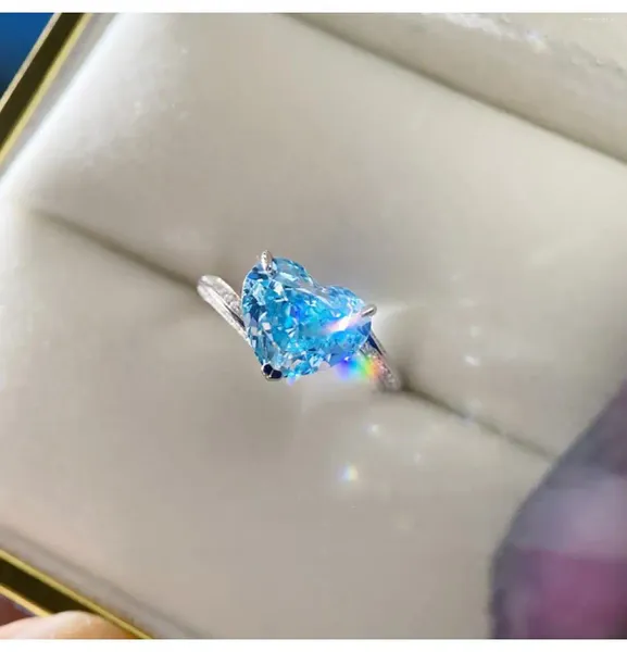 Anéis de Cluster Hoyon Safira Coração Diamante Anel Feminino Topa Azul Alto Carbono Estilo 925 Cor Prata Moda Jóias de Casamento