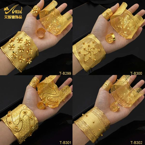 Armreifen Aniid Indische vergoldete Armreifen mit Ring für Frauen Afrikanischer Arabischer Charme Goldfarbenes Armband Schmuck Dubai Nigerianisches Hochzeitsgeschenk