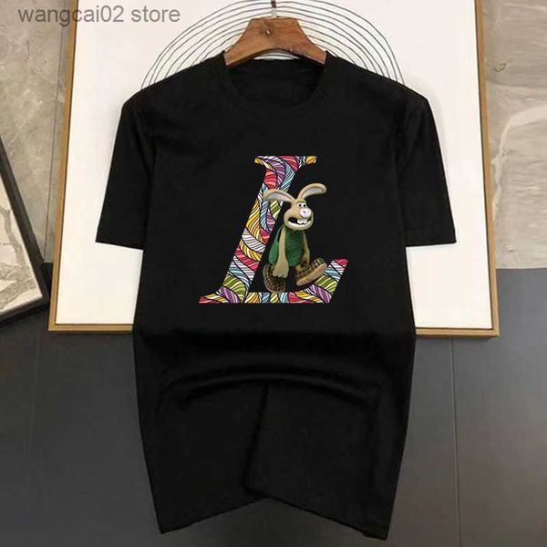 Erkek Tişörtler Yürüyen Tavşan Desen Baskı Pamuk Kısa Slve Erkekler Strt Luxury Marka T-Shirts Gevşek Büyük Boy TS Nefes Alabilir Yumuşak S-7XL T240401