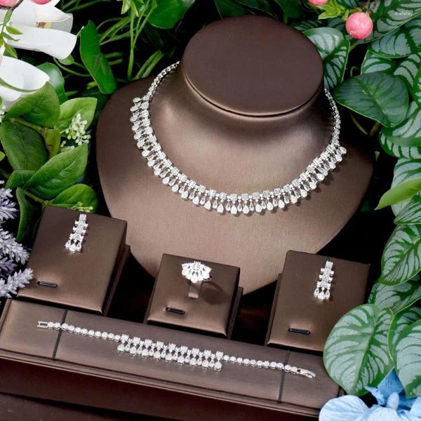 Halskette Ohrringe Set HIBRIDE Weißer Zirkonia Wassertropfen Hochzeit Schmuck Für Frauen Bräute Zubehör N-193