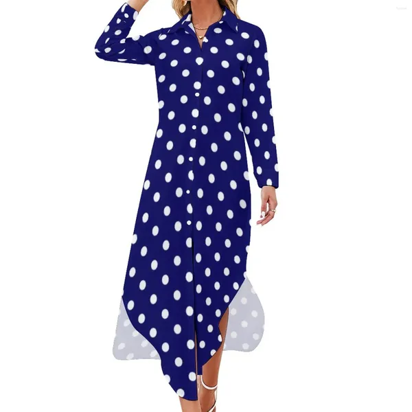 Abiti casual Abito in chiffon a pois blu Abito vintage a pois da donna alla moda Manica lunga Elegante scollo a V personalizzato oversize