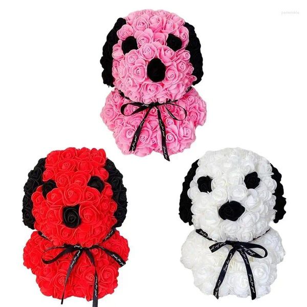 Flores decorativas dia dos namorados rosa cão urso flor artificial com bonito pug design rosas presentes femininos forma figura de aparência real