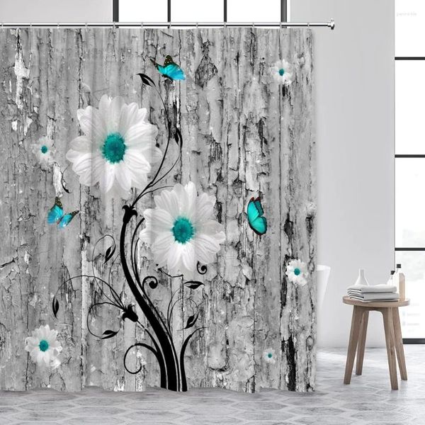 Cortinas de chuveiro floral margarida borboleta flor retro cinza gasto placa de madeira pano de fundo poliéster tecido decoração do banheiro azul branco