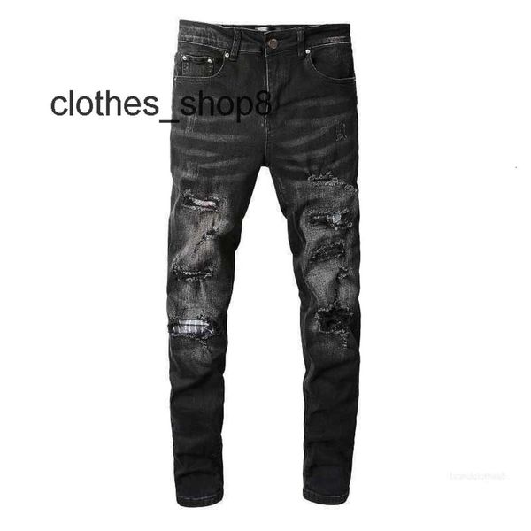 Denim Amiirs Jeans Designer Calças Homem Queda 859 High Street Fashion Brand Amr Ligeiramente Elástico Faca Preta Corte Buraco Padrão Patch Fit S 66XD