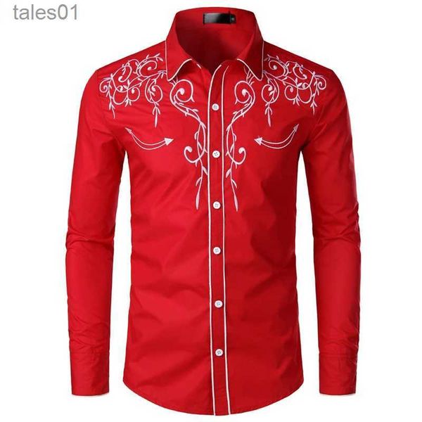 Homens Plus Tees Polos Floral Bordado Vermelho Smoking Camisa Masculino Slim Manga Longa Mens Vestido Camisas Chemise Homme Festa de Casamento para Homens yq240401