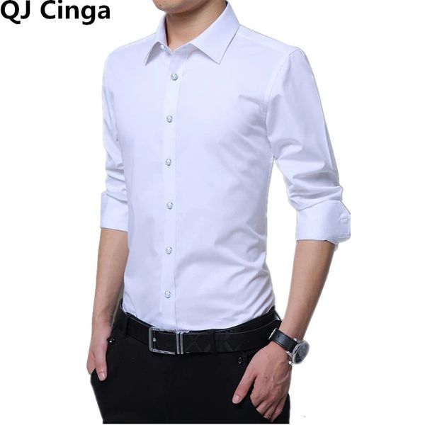 Branco dos homens camisas de manga longa único breasted quadrado pescoço formal camisa de algodão moda masculina magro chemise 240318