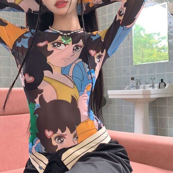 Cyber Y2k Cartoon Anime Stampa Top Manica lunga Haruku Abbigliamento donna O-Collo Maglia sexy Streetwear T-shirt vintage estiva