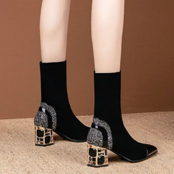 Boots calçados sapatos de shinestone para mulher de meias elásticas de ponta pontia a dose de dedo botas de alta qualidade de alta qualidade no frete grátis em frete grátis em