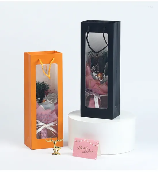Подарочная упаковка, большая сумка с окном на день Святого Валентина, прозрачный цветочный букет, открытая бумага, высококачественная изысканная ручная работа