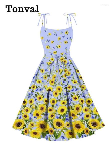 Vestidos casuais tonval 1950s festa para mulheres floral impressão vintage vestido 2024 verão praia férias roupas espaguete cinta retro girassol