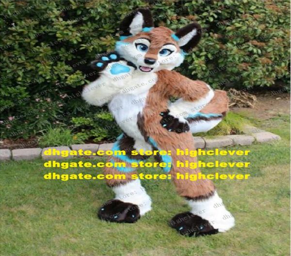 Marrom longo pele peludo raposa husky cão lobo fursuit mascote traje adulto personagem dos desenhos animados cortar a fita eventos esportivos zz75772181599