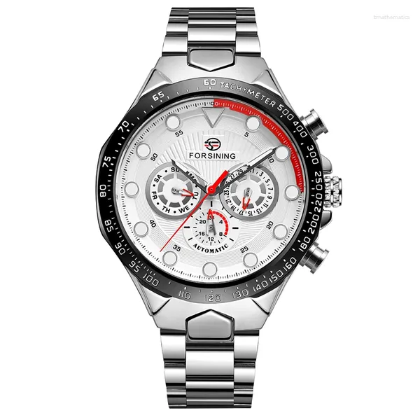 Наручные часы Белый циферблат Серебряный ремешок Роскошные мужские часы Ditong с красным указателем Автоматические механические часы