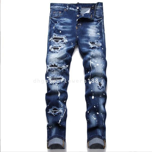 Segunda quadrada vermelha 2024 Spring Comércio exterior jeans masculino rasgou patch risse rise de impressão masculina calça grande jeans de jeans Big Man Jeans Big Men Big Men