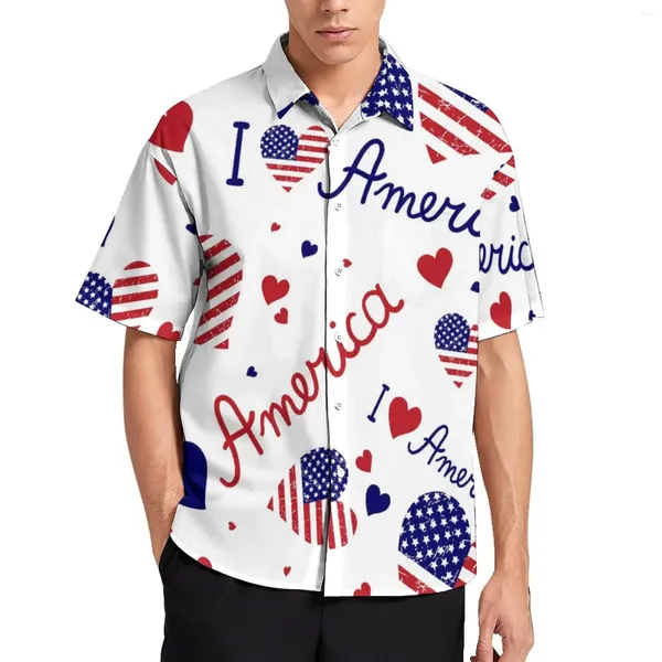 Camicie casual da uomo Camicia da vacanza con bandiera americana Uomo I Love USA Stelle e strisce Camicette con stampa estiva Abiti oversize stile street