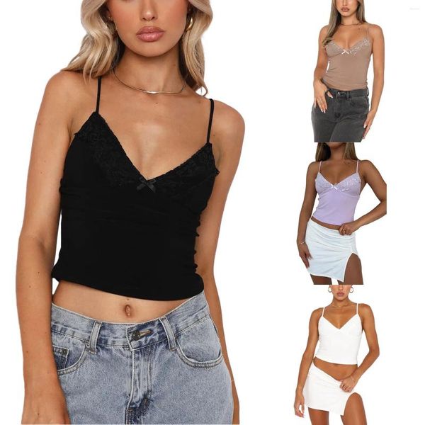 Camisoles Tanks 2024 Frauen Spitze Camisole 2000er Jahre Mädchen Spaghettiträger V-Ausschnitt Slim Fit Crop Top Trim Cami Tank Tops Y2K Kleidung