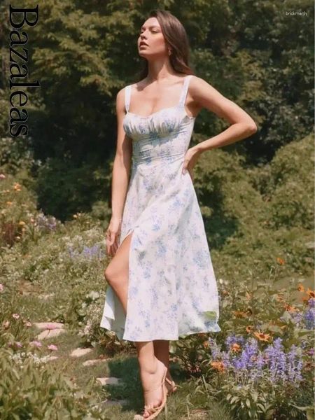 Повседневные платья Bazaleas — женское синее платье-миди с цветочным принтом, сексуальное, тонкое, на бретельках со сборками, летнее, элегантное в официальном магазине