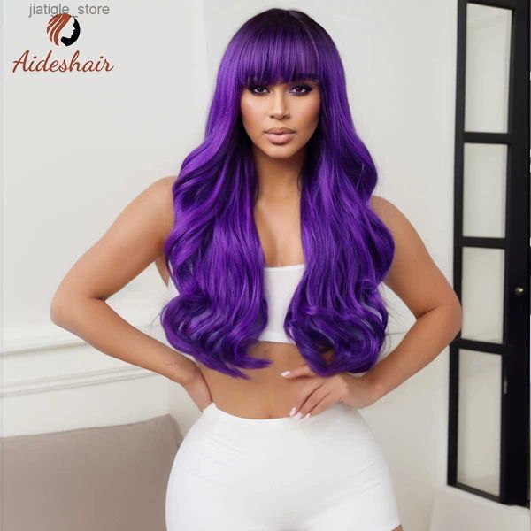 Parrucche sintetiche Aideshair Dark Purple Fringe Wig Wig Long Wavy parrucca per donne parrucca viola scuro e colpi di fibra sintetica resistente al calore Y240401