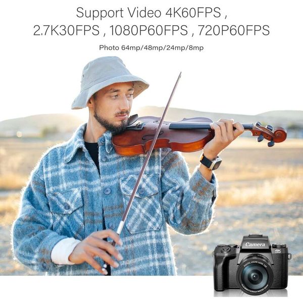 Saneen 4K 64MP WiFi Touch Screen Vlogging Camera Bundle com flash, cartão SD de 32GB, capa de lente, bateria de 3000mAH, câmeras frontal e traseira, 4 tela grande HD - perfeito para fotografia