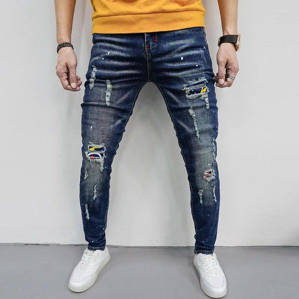 Calças de brim masculinas moda rua magro homens vintag ewater lavagem angustiado remendo calças homens casual fino ajuste lápis denim calças azul