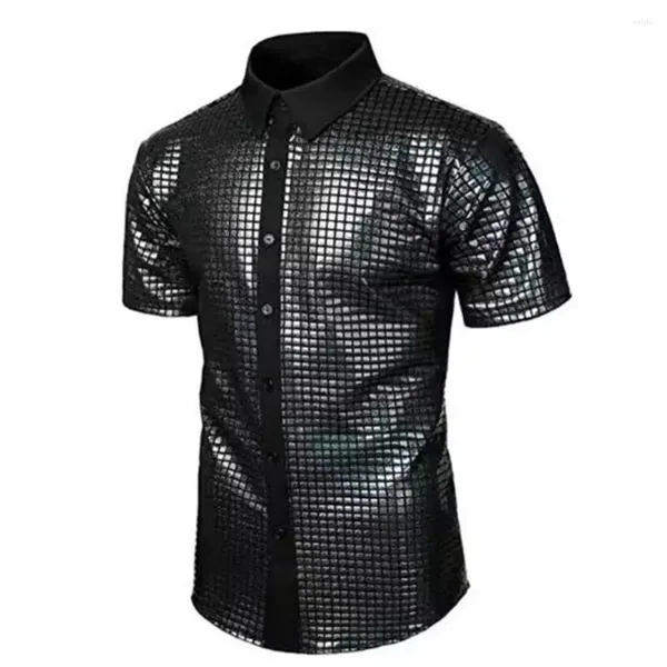 Camisas de vestido masculinas Men Retro Disco Shirt Slim Fit Performance com colarinho para baixo para festivais de boate Contraste de superfície brilhante