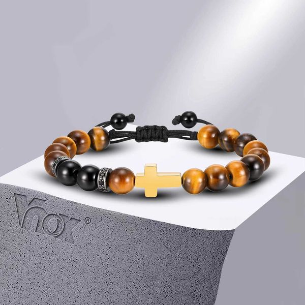 Kette Vnox 8mm Tigerauge Stein Perlen Armbänder für Männer Jungen vergoldet Kreuz Charm Armband Glaube Gebet Schmuck Q240401