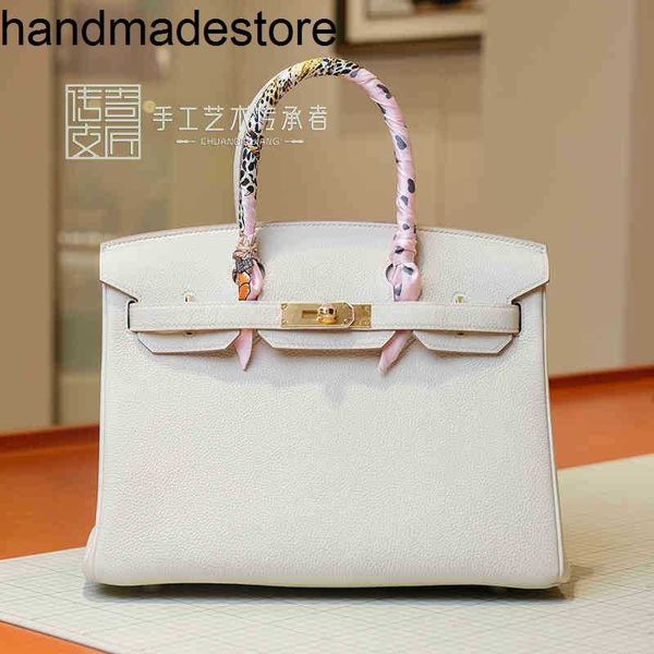 Borsa in pelle Bk 2024 Borsa in platino personalizzata fatta a mano Togo Pelle di vitello Milkshake Bianco 30cm Bottone in oro Modello Litchi L1d2