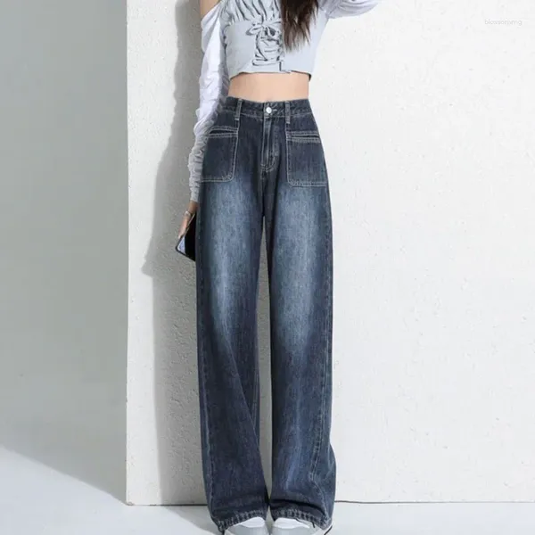 Damen-Jeans, Denim-Jeans, hohe Taille, schmale Hose mit weitem Bein, Damen-Frühlings- und Herbstmode, OutsideThe Trend All Matching Dark Blue