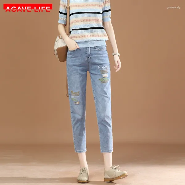 Jeans da donna di colore chiaro ricamato a vita alta estivo dimagrante alla caviglia pantaloni Jean Harem pantaloni da donna in denim a matita sottile