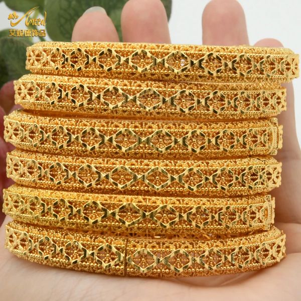 Bangles Aniid 4 Pçs / Set Dubai Banhado Pulseira Pulseira Para Mulheres Etíope Árabe Africano Dubai Indiano Casamento Noiva Banquete Jóias Presente