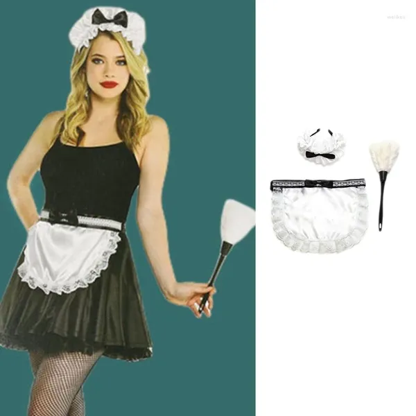 Suprimentos para festas Halloween Maid Outfit Cosplay Doce Avental Faixa de cabeça Espanador de penas