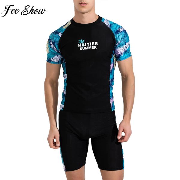 Tragen Sie einen 2-teiligen Herren-Sport-Badeanzug, kurzärmelig, bedruckt, T-Shirt, Top und Shorts, zum Schwimmen, Training, sportliche Badebekleidung, Pool-Strand-Badeanzug