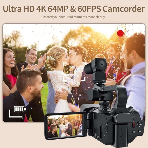 Filmadora com câmera de vídeo 4K 64MP com zoom 18X, vlogging HD com foco automático 60FPS, tela sensível ao toque de 40, microfone, estabilizador portátil, cartão SD de 64 GB, controle remoto e estojo