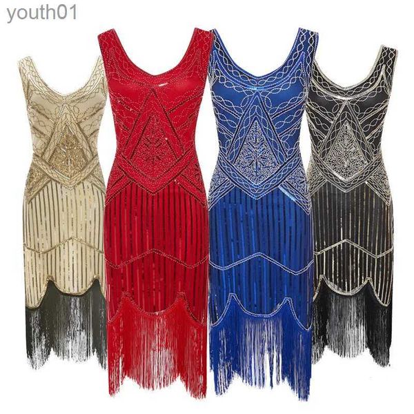 Основные повседневные платья Женские платье для вечеринки 1920 S Great Gatsby Flapper vestidos Sequin Fringe Fringe Вечер v Neck Searned Ricged без рукавов YQ240402