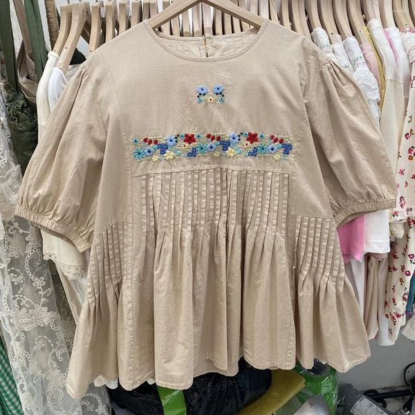 Blusas femininas verão bordado plissado pulôver camisa mori menina doce babados puro algodão o pescoço manga curta blusa feminina boneca