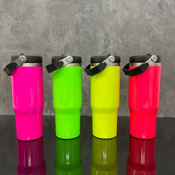 Armazém dos EUA 30 onças férias de verão cor neon brilhante sublimação copo para beber garrafa de água térmica para viagens ao ar livre com canudo dobrável alça portátil para café gelado