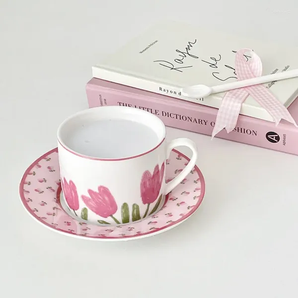 Set di stoviglie per tazza da caffè e piattino in ceramica Pink Tulip Set composto da tè pomeridiano francese Premium Sense