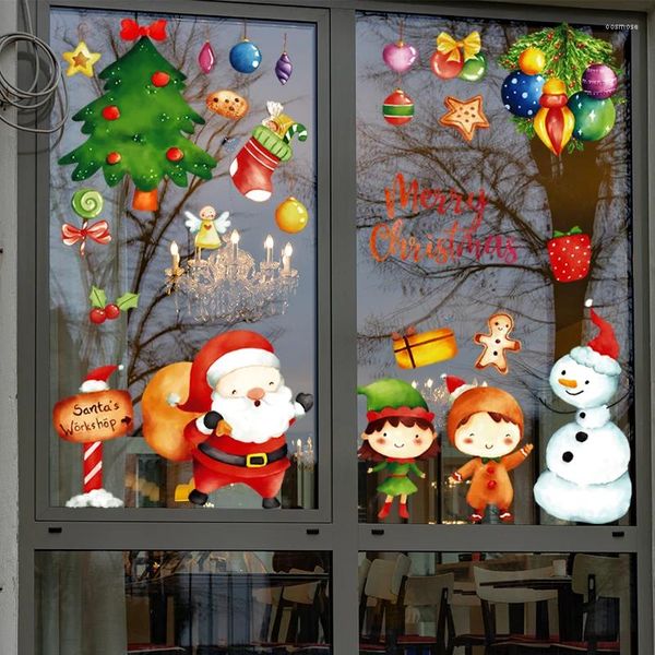 Наклейки на окно, мультяшный милый Санта-Клаус, стеклянное украшение, подвеска в виде снеговика, снежинка, праздничная атмосфера, наклейка, оттенок