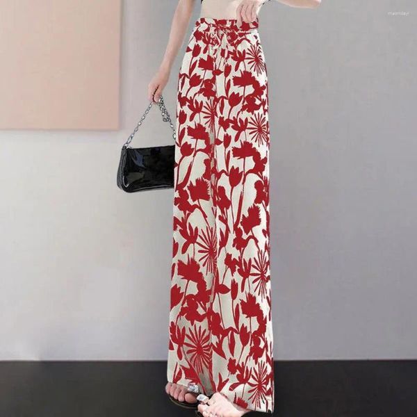 Kadın pantolon kadınlar yaz düz gevşek elastik bel çiçek baskısı kontrast rengi geniş bacak yüksek pantolon giysi