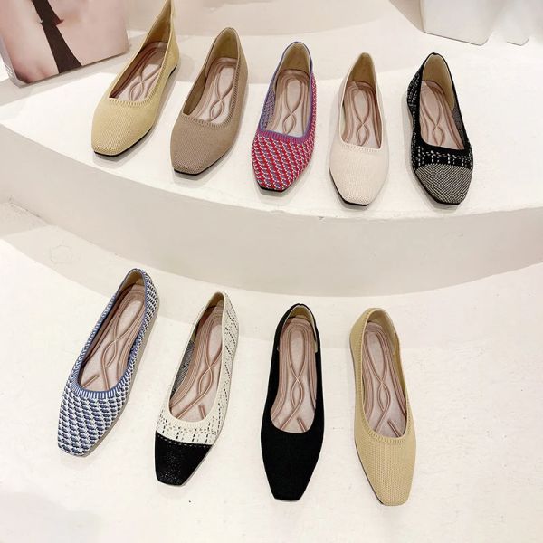Flats 2023 Yeni Büyük 43/42/41 Kadın Ayakkabıları Desenli Düz Ayakkabılar Kare Örgü Şık Nefes Beklenebilir Antislip Güzel Renk Eşleşmesi