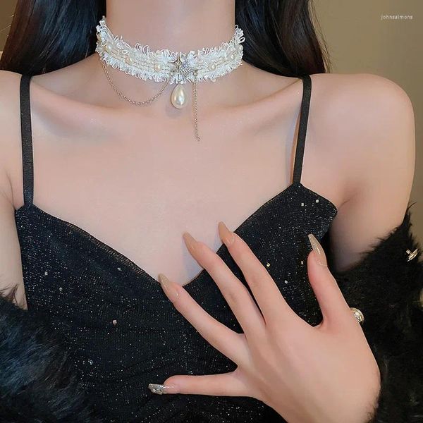 Anhänger Halsketten Luxus Strass Weiß Geflecht Halsband Für Frauen Kristall Perle Pendent Fee Hochzeiten Y2K Schmuck Party Geschenke