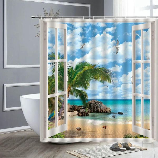 Cortinas de chuveiro oceano paisagem janela árvores tropicais praia pôr do sol vista cortina do banheiro tecido à prova dwaterproof água tela banho decoração casa