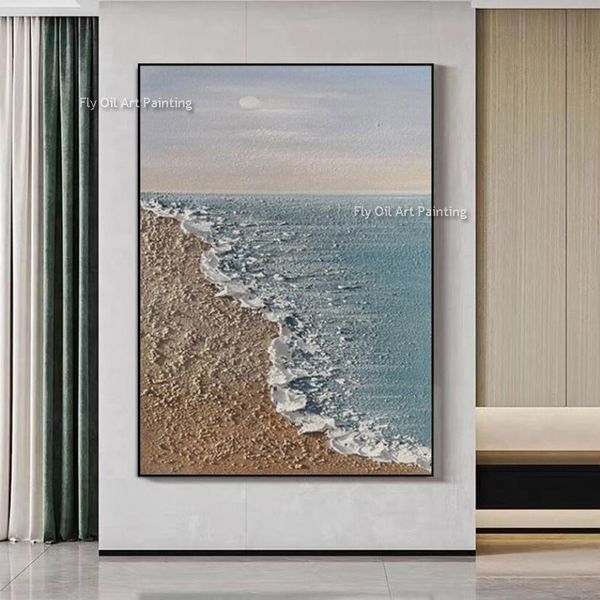 Sea Canvas Ölmalerei Große strukturierte Küstenwandkunst Wellenmalerei Unframte handgemalte blaue Himmel Strand Wandkunst abstrakter Meeresbild für Wohnzimmerdekoration