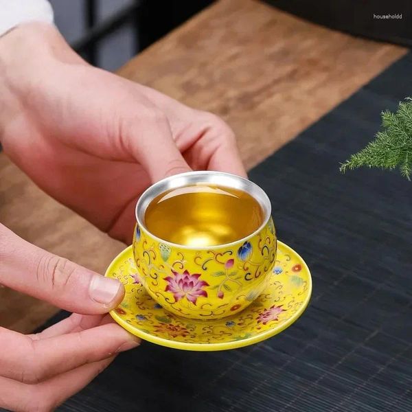 Чайные чашки, 1 комплект, с подносом, эмалированная цветная позолоченная серебряная чашка, домашняя высококачественная чайная чашка, портативные китайские аксессуары