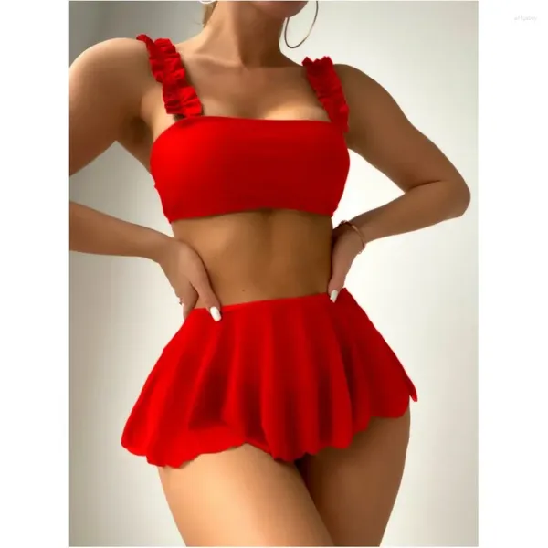 Damen-Badebekleidung, roter Bikini, gerüschte Träger, Faltenrock, Badeanzug, Frauen, sexy Strand-Outfits, Tanga-Bikinis-Sets, 3-teiliges Badeanzug-Set