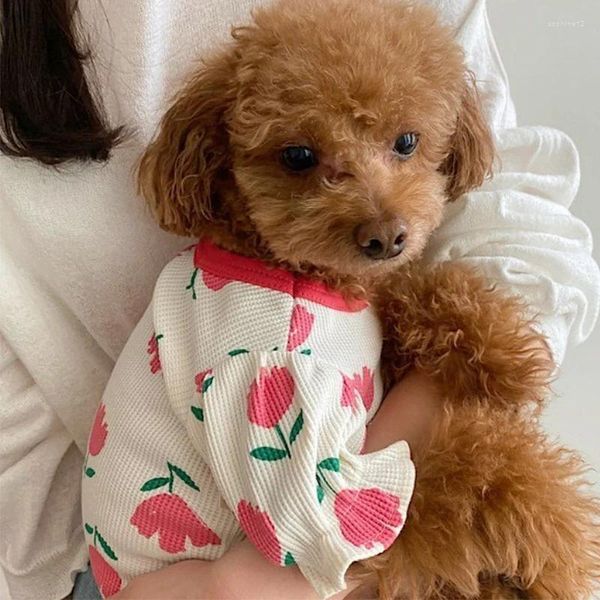 Köpek giyim lale baskı yaz evcil hayvan kıyafetleri küçük köpekler için çiçek kız kedi tişört